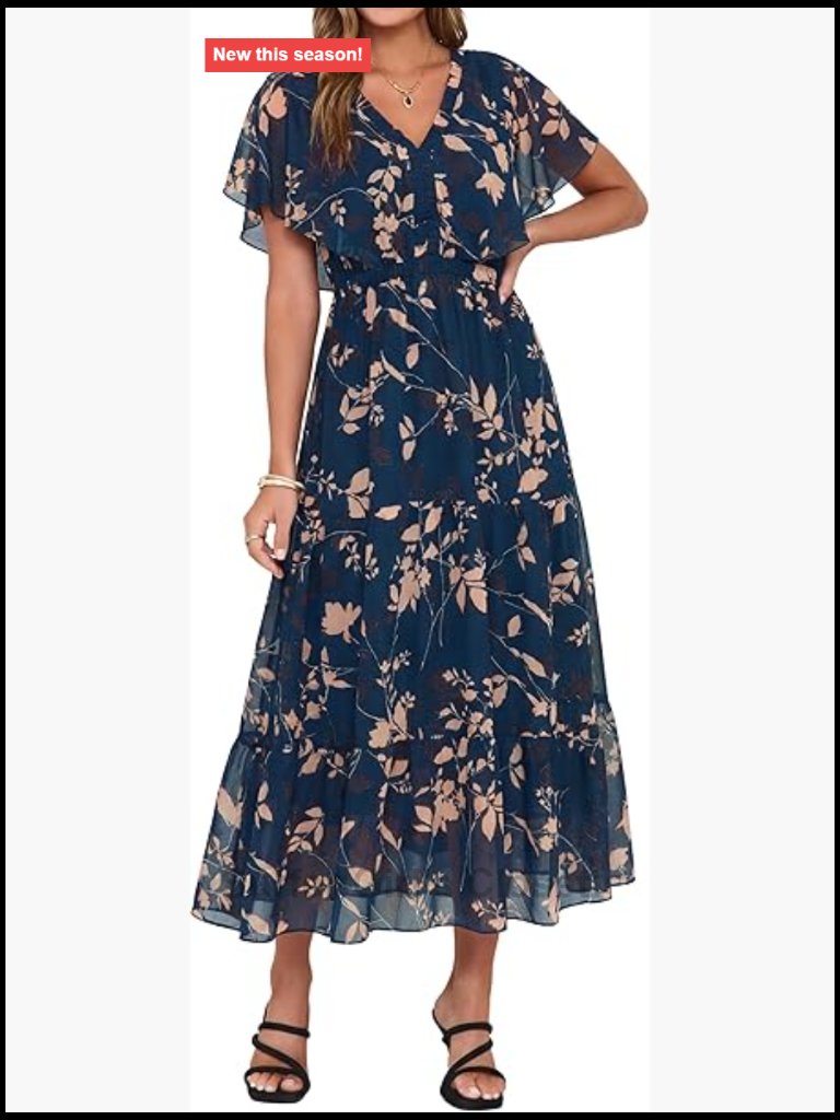 Floral Boho Maxi Dress V Neck Ruffle Sleeve Tiered Beach Wedding Guest